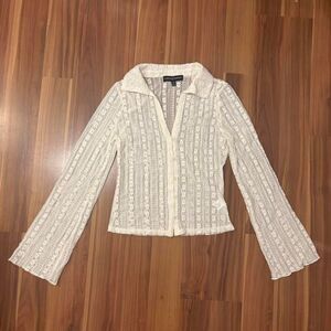 sheer long sleeve cropped lace button up top